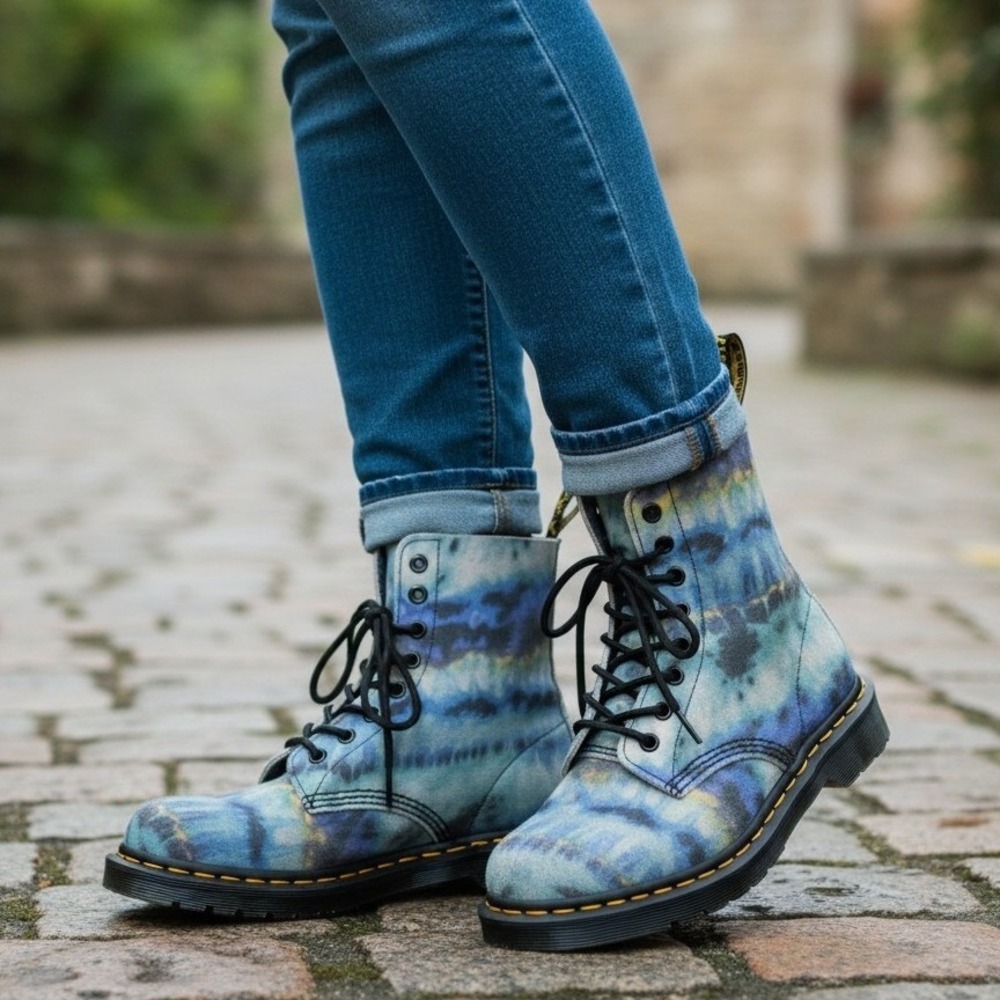Dr. Martens 1460 Boots Blue Tie Dye Printed Suede Streetwear Grunge Womens 6